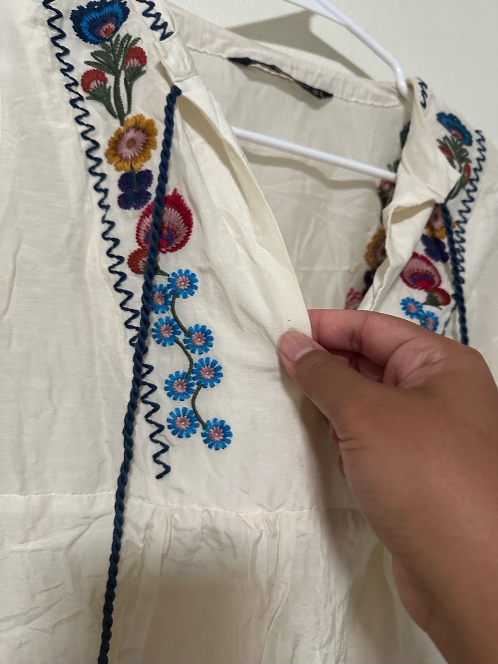 Zara Embroidered Ivory Boho Tunic Dress with Navy Tassel Tie - Picture 5 of 6